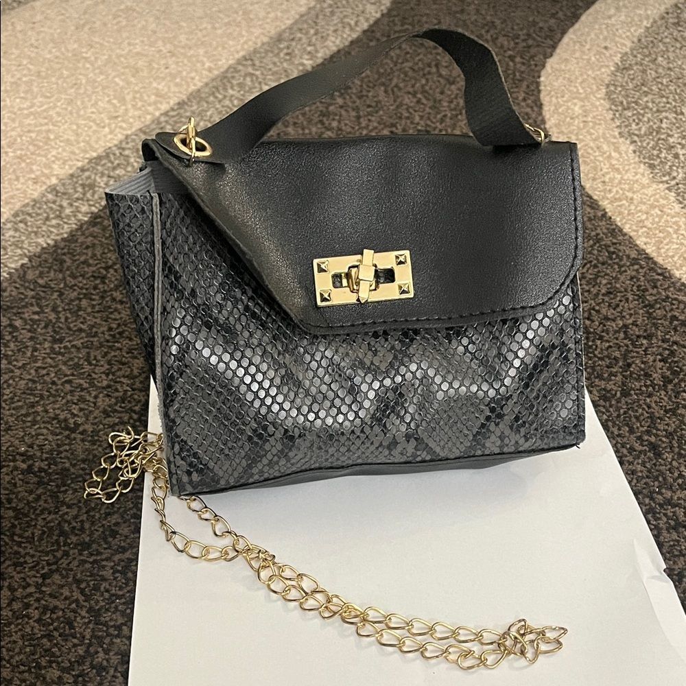 Black Snakeskin Mini Bag w/ Gold Chain Strap